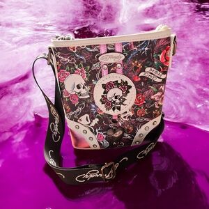 NEW Ed Hardy Skull Patch & Rose With Rhinestones And Heart Charm Crossbody Bag